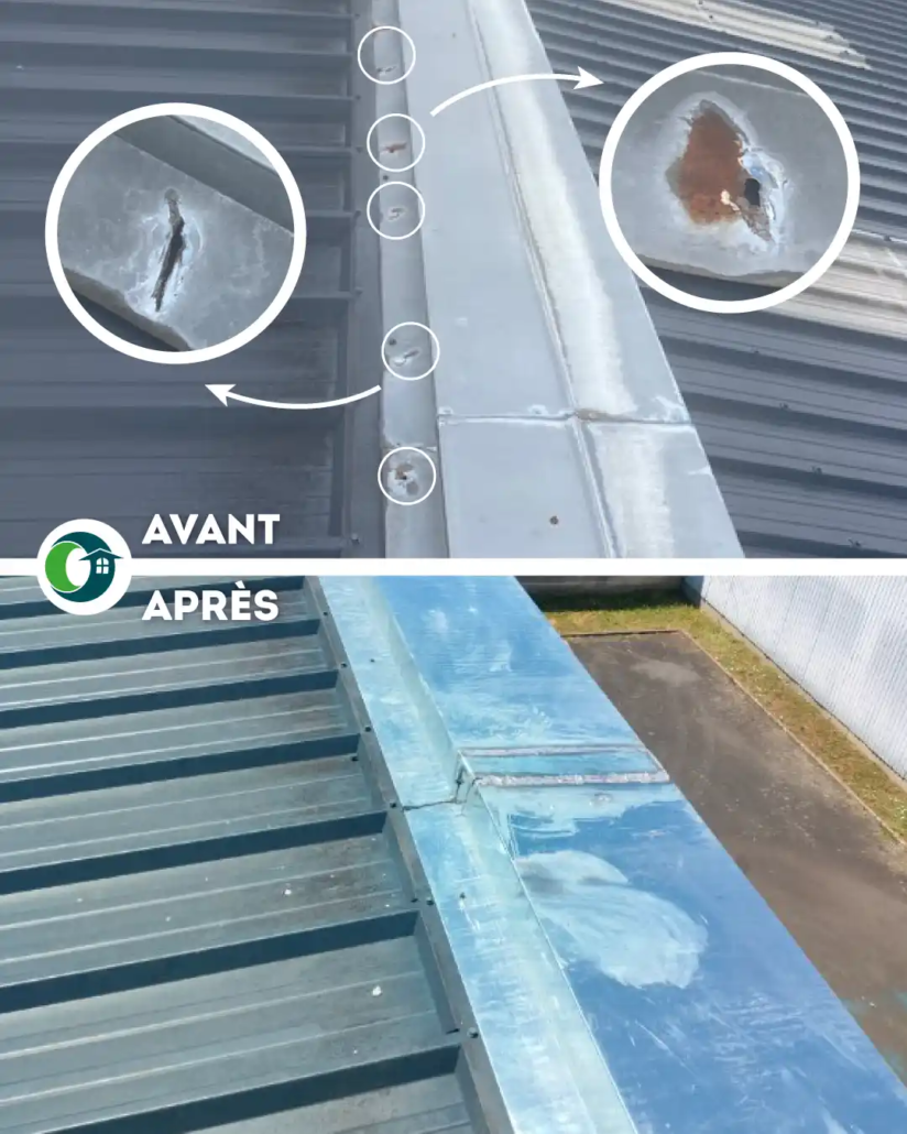 Réparation d'une toiture zinc avant après réalisée par Ouest Habitat Couverture